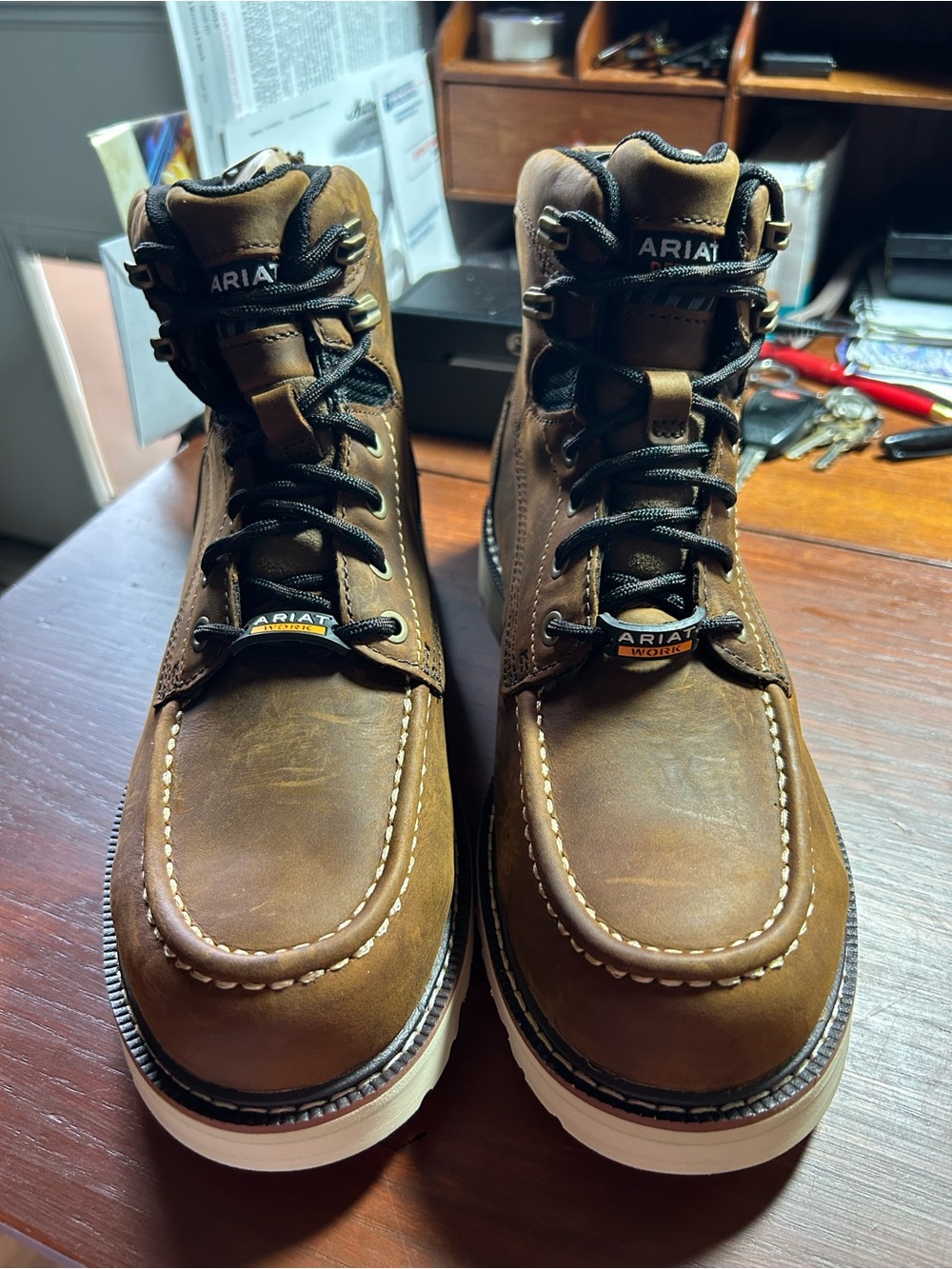 Ariat Brown Moc Toe Work Boots with White Outsole